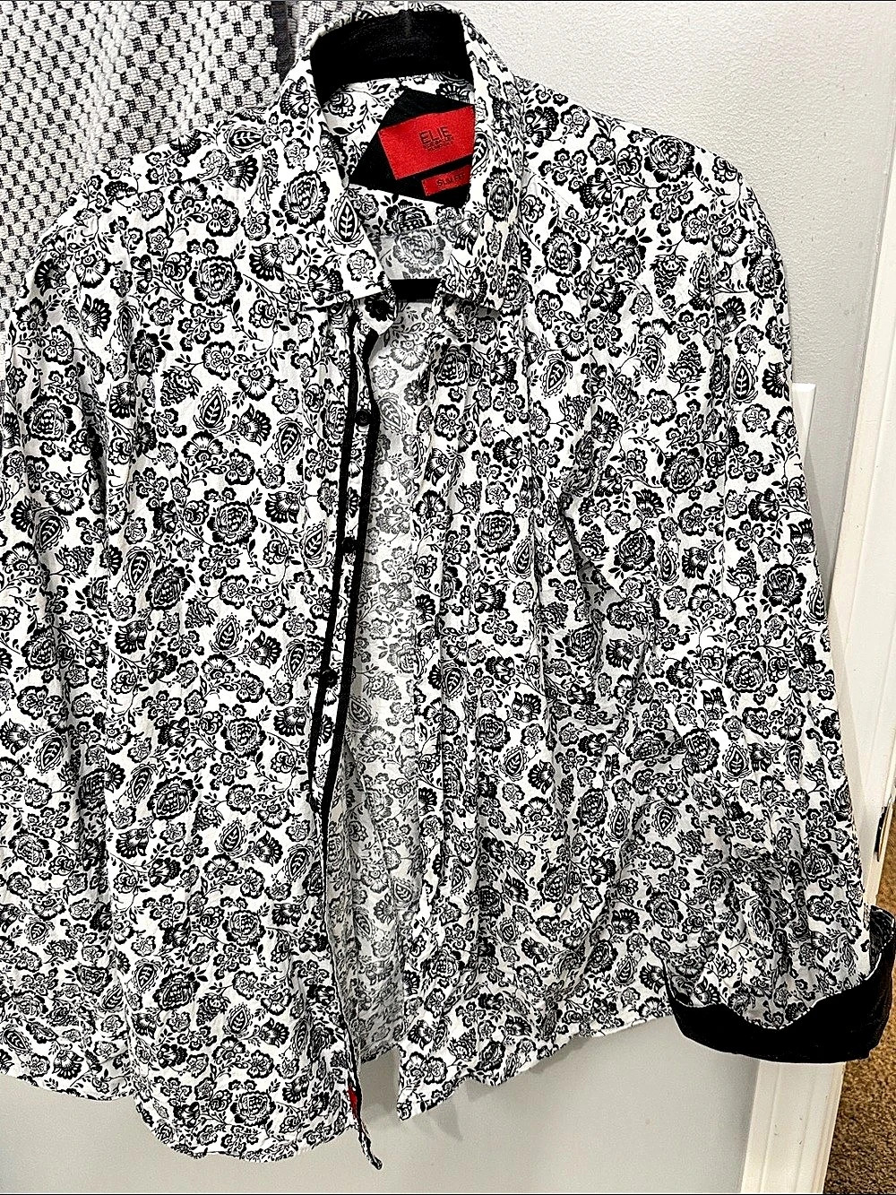 Elie Balleh Slim Fit Floral Button Down in White & Black Size Large